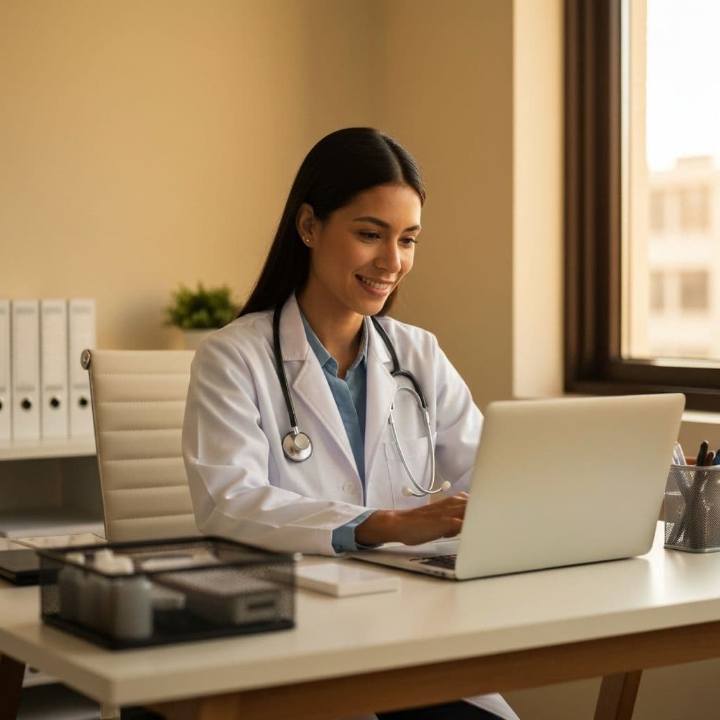 Doctora en su consultorio revisando informacion en su computadora